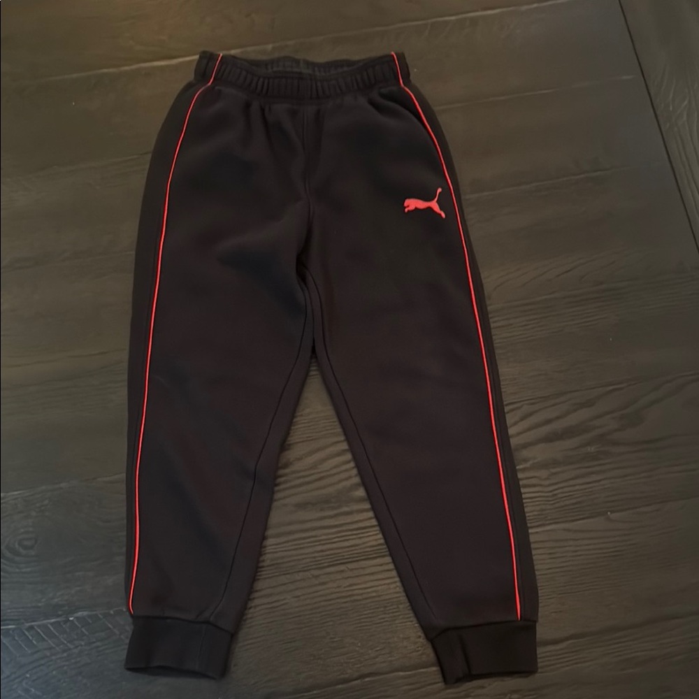 3 piecePuma Kids Black Joggers with Red Accents, matching shirt, and puffer vest - Picture 2 of 5
